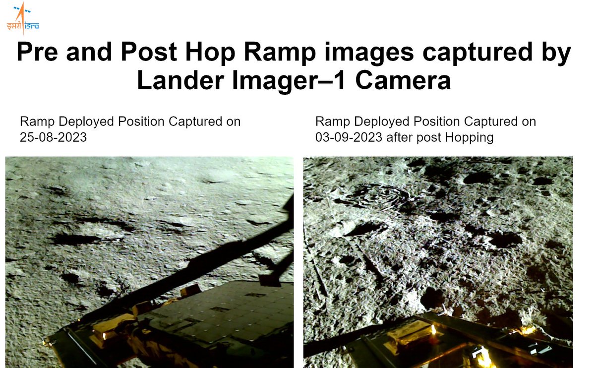ISROinsight's tweet photo. Chandrayaan-3 Mission:

Pre and post hop images, this will always be remembered. Today both Vikram and Pragyan rover are asleep and hoping for their awakening on 22nd September.

#Chandrayaan3 #cy_3 https://t.co/FfOeEpXFvv