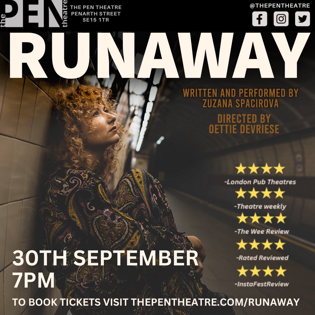 thepentheatre's tweet photo. 📣 FRESH OFF THE FRINGE ANNOUNCEMENT 📣 @PlayRunaway RUNAWAY by @ZuzanaSpacir comes to The Pen, 30th September 7pm | Book your tickets now > https://t.co/62PjiwDQKY | #offwestend #londontransfer #theatrelondon https://t.co/ButNBNsQJa