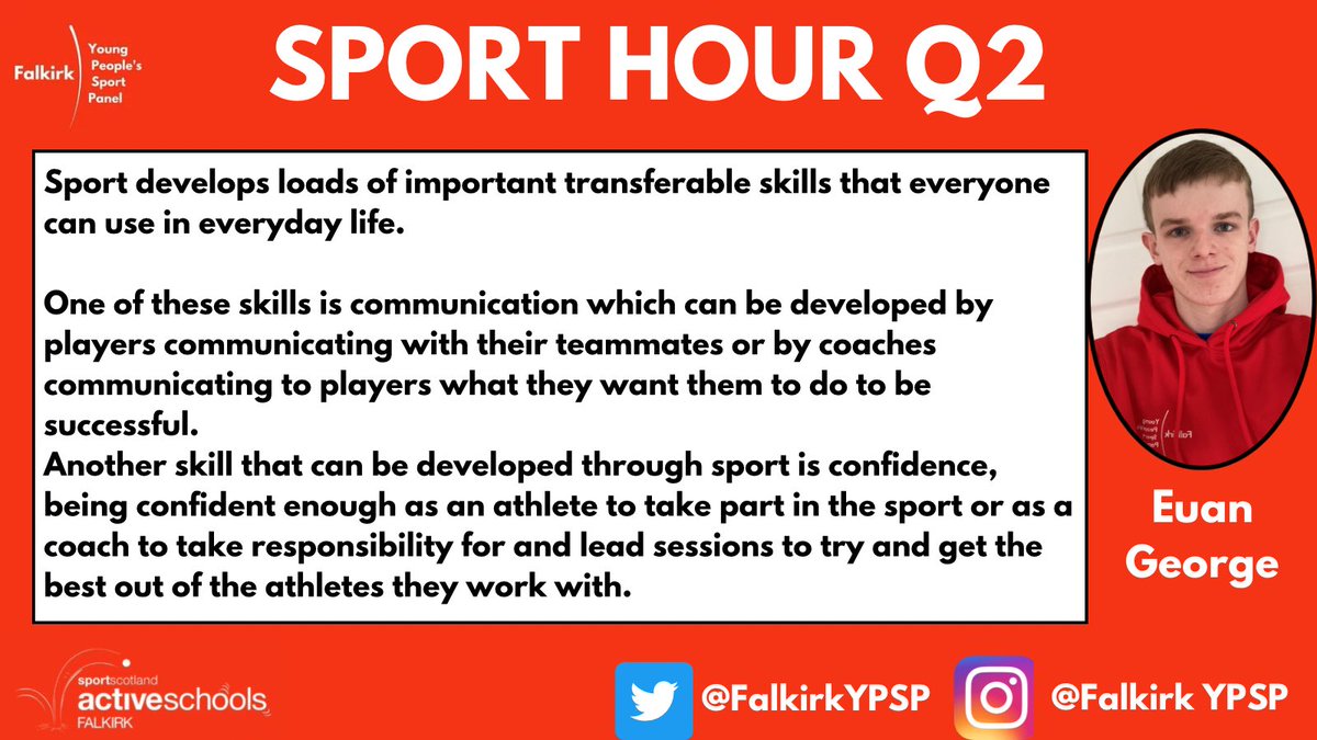 Falkirk Young People’s Sport Panel 

🚨Sport Hour🚨

Q2 -What wider skills have you seen people develop through participating or volunteering in sport?

#SportHour