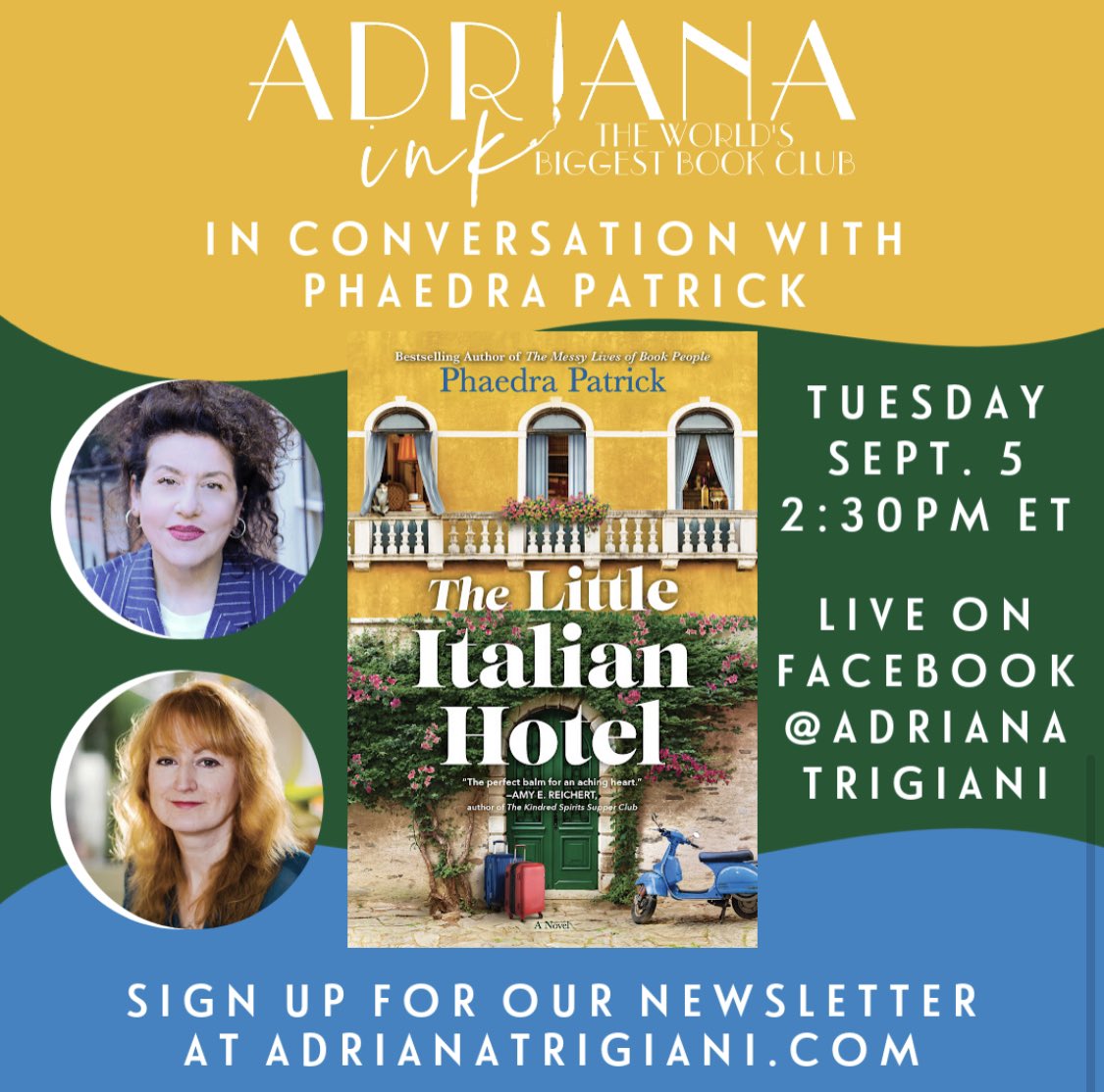 Can’t wait to chat live tomorrow with the one and only @adrianatrigiani on her Facebook page. Hope you can join us! #adrianatrigiani #thelittleitalianhotel