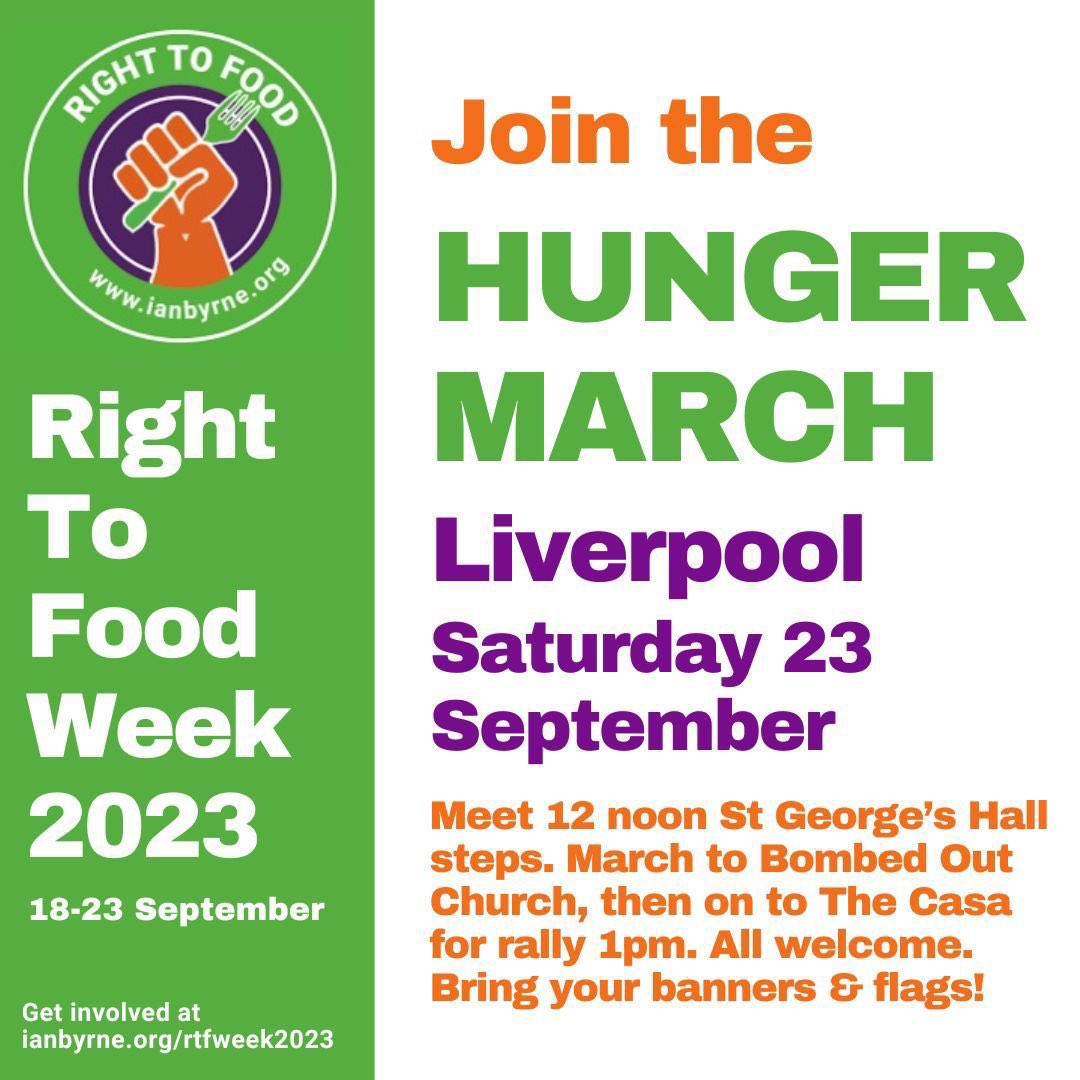 Join us in supporting the #RTFWeek2023 campaign 18th-23rd September! 

You can get involved by: 
👍 Asking for your MP's support 
👣Attending the #HungerMarchLiverpool
📱Spreading the word about #RightToFood on socials

More info on our website 👉 feedingliverpool.org/events/