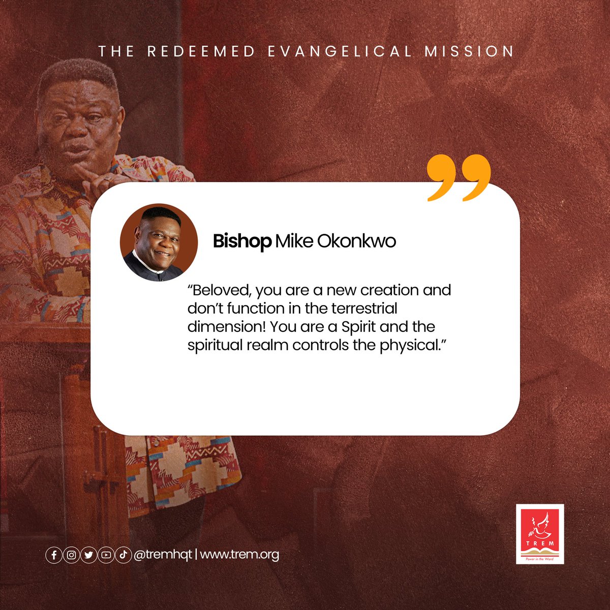 tremhqt's tweet photo. Happy new week!

This week, remember you're a new creature!

You don't function on a natural level but a spiritual one, and the spiritual controls the physical.

Have a blessed week!

#TREM #ExceedingGreatReward #BMOsaid #NewWeek https://t.co/t6QSpKHATl