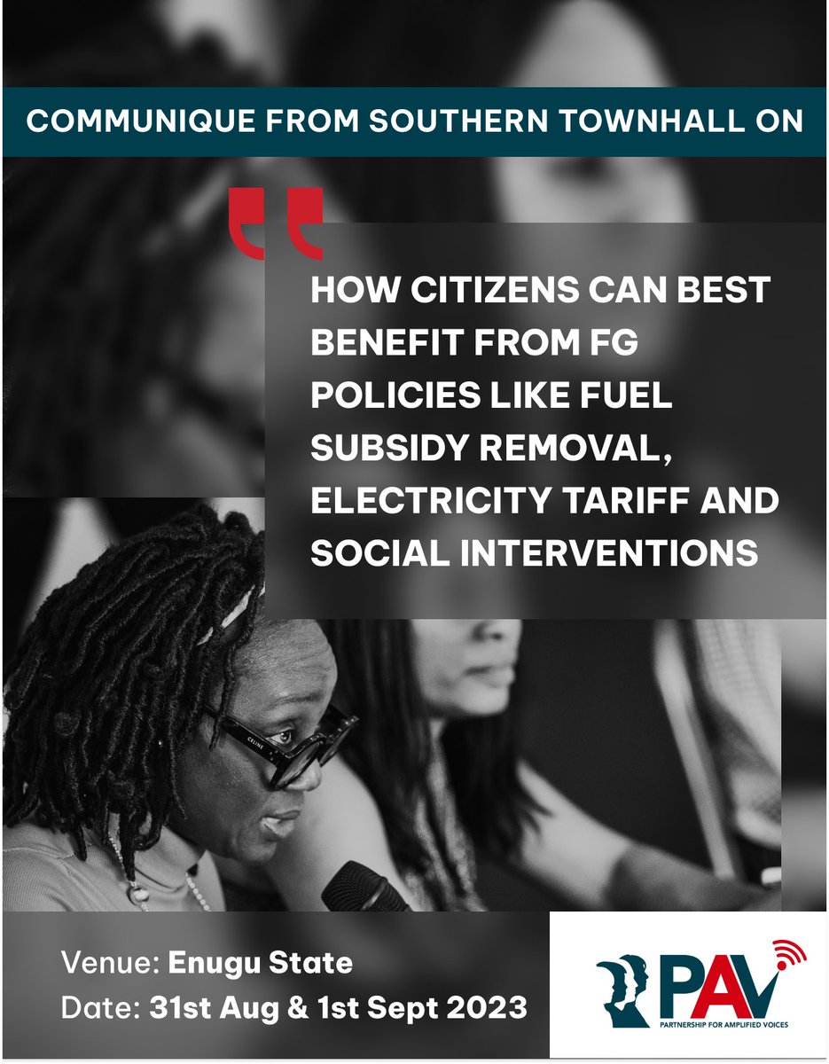 Communique emanating from the southern edition of the townhall meetings on how CSOs & citizens can monitor to ensure optimal benefits of Petrol Subsidy Removal & other FG Policies drive.google.com/file/d/1zFVmyE… #PAVDialogue #amplifiedvoicesng #pavdialogue #FuelSubsidy