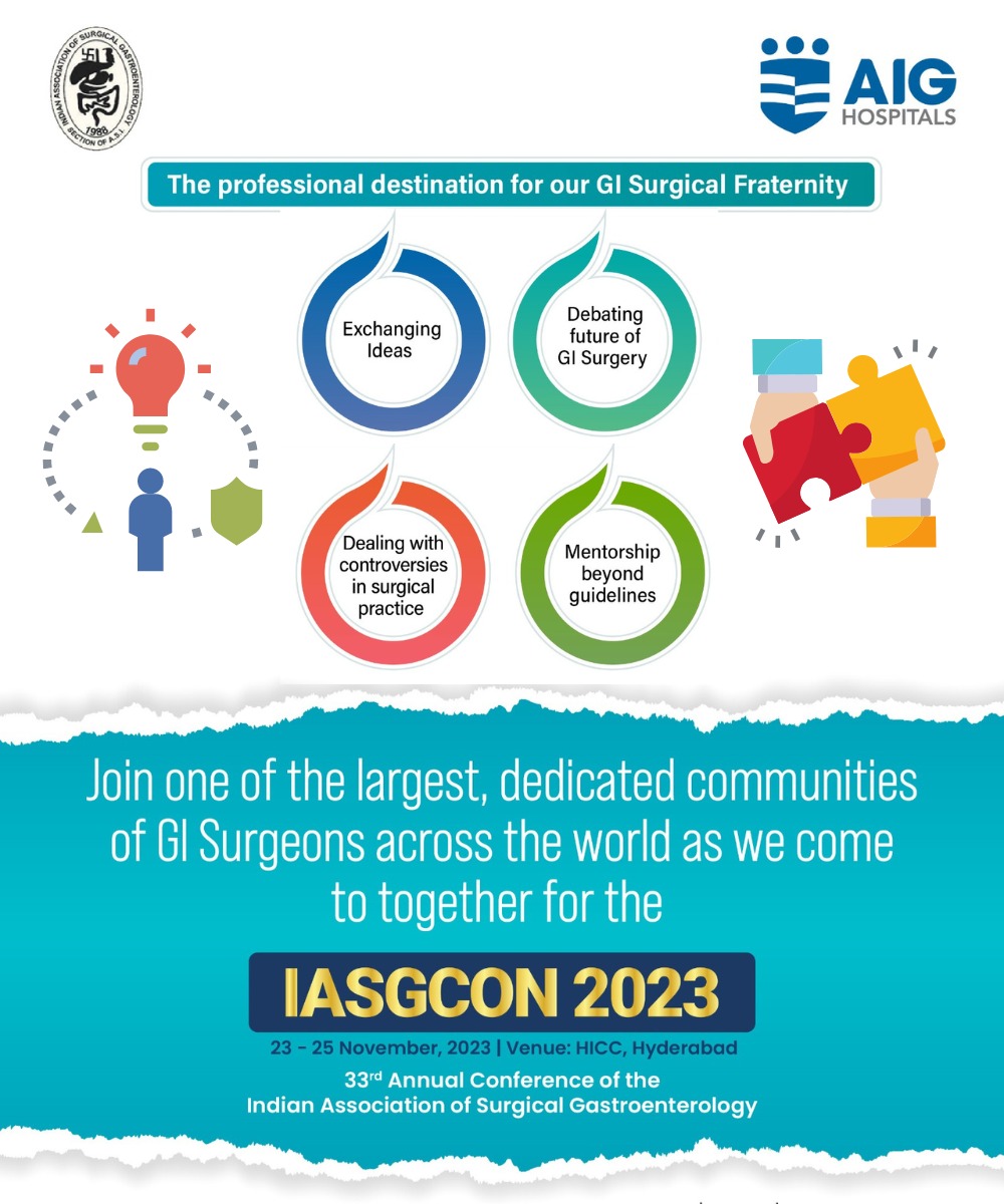 #IASGCON2023 is the professional destination of our #GISurgeon community. It will witness ideas getting exchanged, mentorship, debates, and dealing with controversies. Join us at #Hyderabad from 23-25 Nov. Log on to iasgcon2023.com and register today! #IASG #AIGHospitals