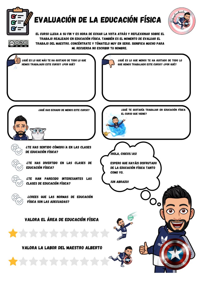☑️ Evaluación del área de Educación Física. 

Esta ficha la utilicé a final de curso para recibir el feedback del alumnado. 
Ahora empiezo a programar teniendo en cuenta los resultados obtenidos. 

Por aquí os la dejo 👇🏼

🔴Canva: canva.com/design/DAFll5O…

#clautrovirtual #edufis