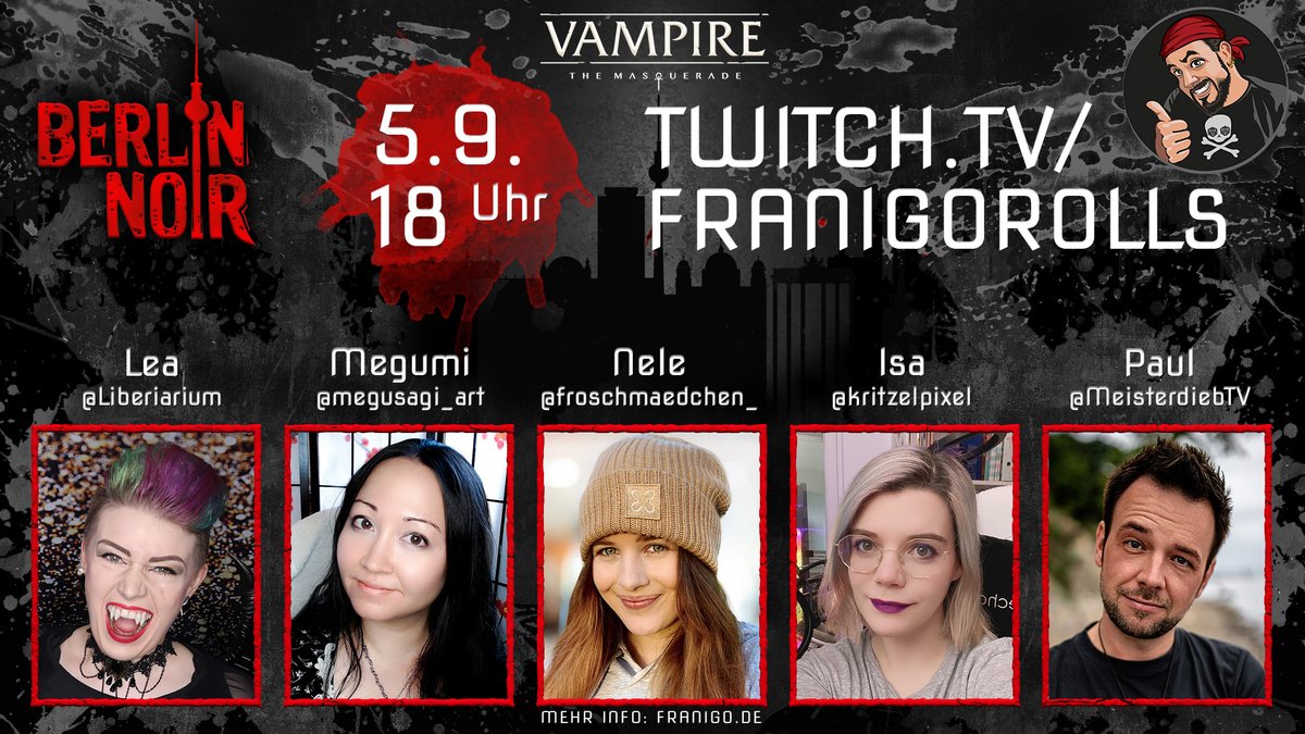 FranigoRolls's tweet photo. Morgen gibt es Stress in Berlin! Vampirinnen stechen Infos an menschliche Jäger durch - da werden einige alte Rechnungen beglichen!

Ab 18 Uhr auf https://t.co/Yex431Fe0i! https://t.co/VM3Dy14Ke3