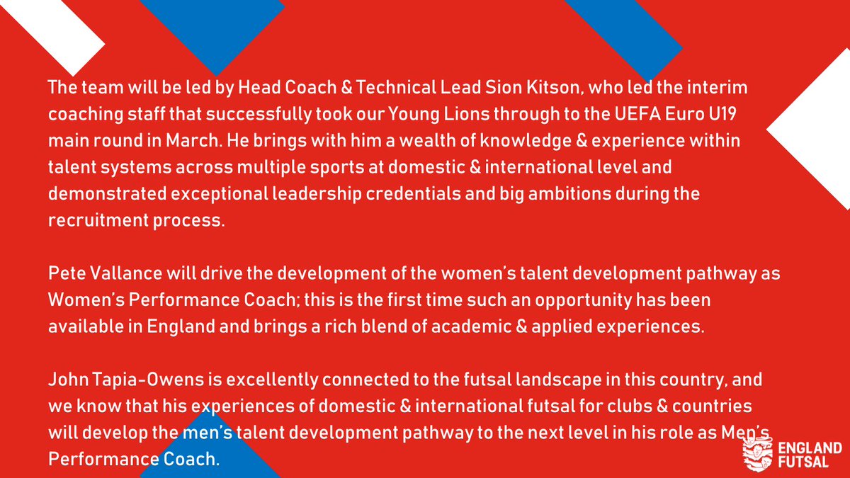 EnglandFutsal's tweet image. 🚨PRESS RELEASE 🚨

We have appointed our new Performance Coaching Staff Team!

Welcome to the Pride @KitSion, @jatowens &amp;amp; @Pete_Vallance 🦁🦁🦁

Full information included press release below, please direct any enquiries to beth@englandfutsal.com.