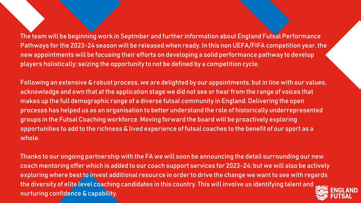 EnglandFutsal's tweet image. 🚨PRESS RELEASE 🚨

We have appointed our new Performance Coaching Staff Team!

Welcome to the Pride @KitSion, @jatowens &amp;amp; @Pete_Vallance 🦁🦁🦁

Full information included press release below, please direct any enquiries to beth@englandfutsal.com.