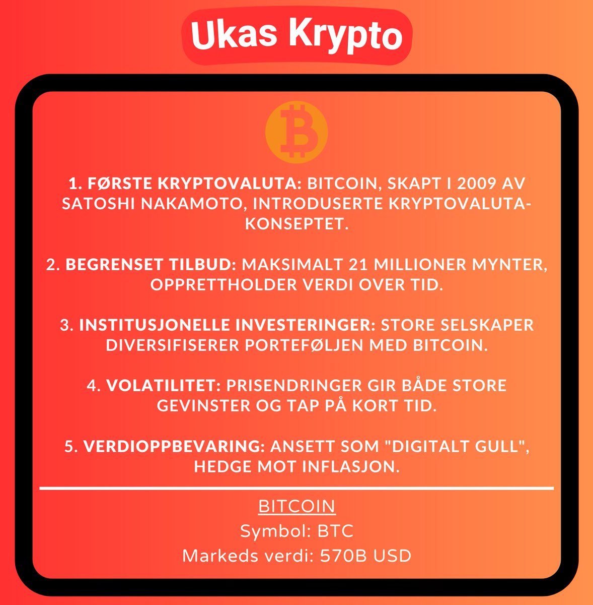 FinansInvestor's tweet photo. Ukas krypto er Bitcoin (BTC)

#FinTwitt #aksjer #finans #bitcoin #crypto #krypto https://t.co/3QuXYmYTcS