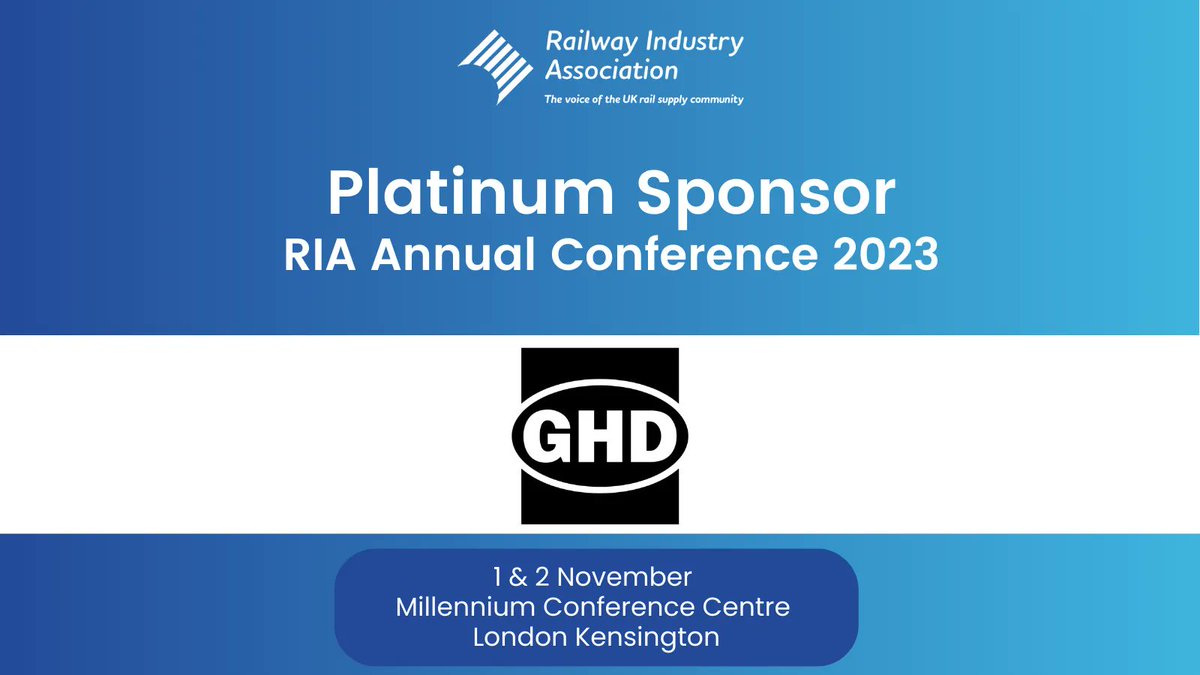We are delighted to announce @GHDspeaks as a Platinum sponsor for RIA's Annual Conference, on 1 & 2 November. The theme of this year's conference will be “Promoting the case for rail and investment in uncertain times”. Tickets here: buff.ly/43P8dfM