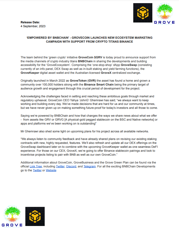 We're entering a new phase for #GroveCoin marketing with our brand new campaign!!

#GroveEcosystem "Empowered by #BNBChain" 
(Check out the Press Release Below!)

With the support of the <a href="/BNBCHAIN/">BNB Chain</a> media channels we'll be:
- Sharing #GroveCoin DeFi updates and milestones 📢
-