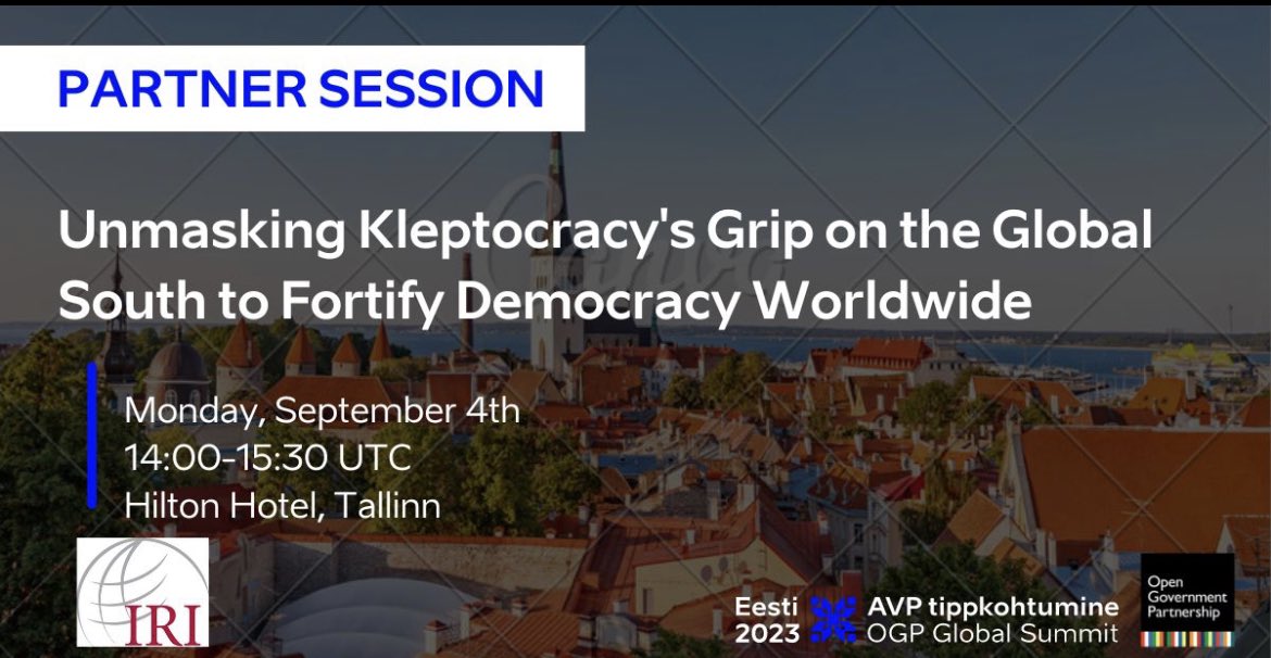 Are you already in Tallinn? Join @IRIglobal for a #OGPEstonia side event today September 4th at 2 PM local time at the Hilton. We will be discussing how to build democratic resilience and tools pro-democracy actors can use to fight kleptocracy at home and abroad. #OGPSummit