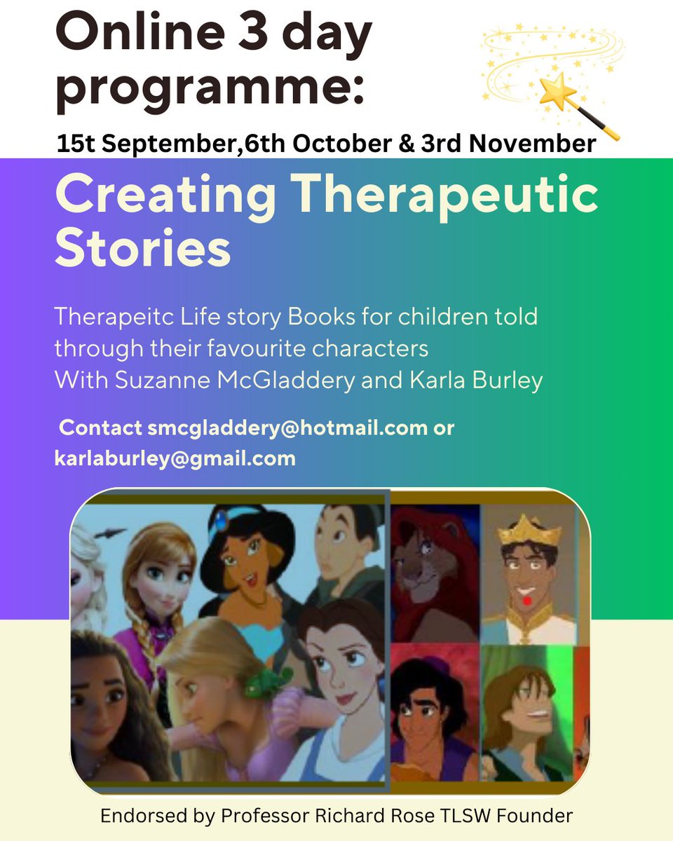 tlswuk's tweet photo. Gain an understanding of the Creating Therapeutic Stories process, what this means for a child, and how to apply it with this 3-Day online programme. 
Cost is £375 inclusive of course materials, theory and CPD certificate. 
#TLSWi https://t.co/vTYfb4dKFI