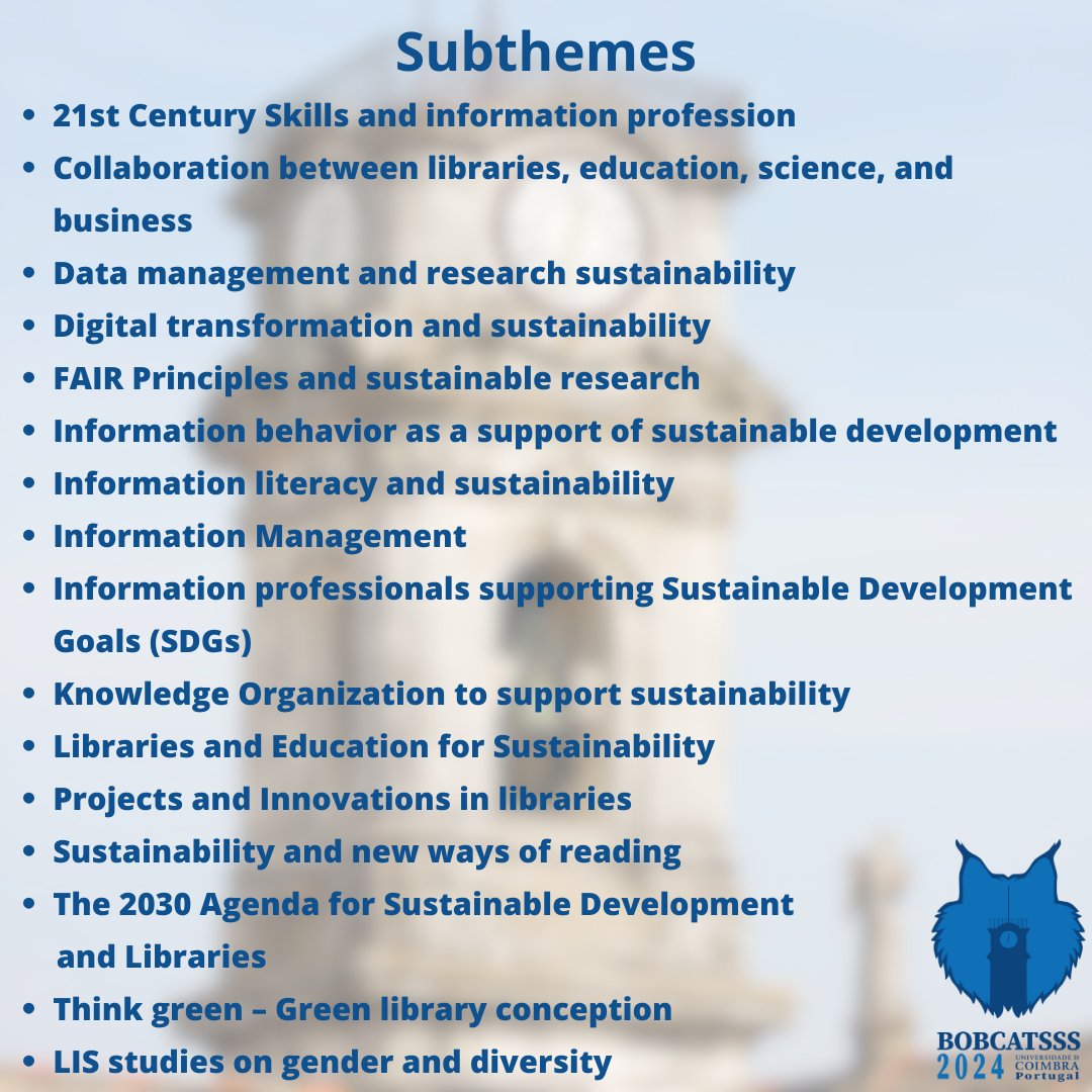 bobcatsssoffice's tweet photo. Due to some requests, the deadline to submit papers to BOBCATSSS 2024 has been extended. You can submit your proposals by September 24th. Don’t miss this opportunity to participate in the BOBCATSSS Conference and to visit the University of Coimbra, Portugal.
#bobcatsss2024 https://t.co/t9U3OB0Y6d