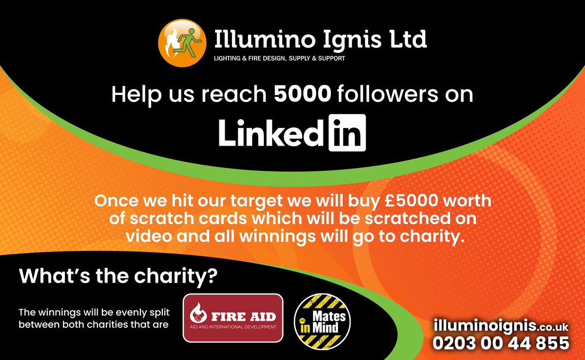 Help us get to 5000 followers on LinkedIn and once we get to our target, we will buy £5000 worth of scratch cards in which the winnings will go to charity! 🔥

<a href="/FireIndustry/">FIA</a> 
<a href="/FIRE_AID_UK/">FIRE AID and International Development</a> 
<a href="/MatesInMind/">Mates In Mind</a> 

#charity #followers #linkedin #mentalhealth #fireprotection #firesafety