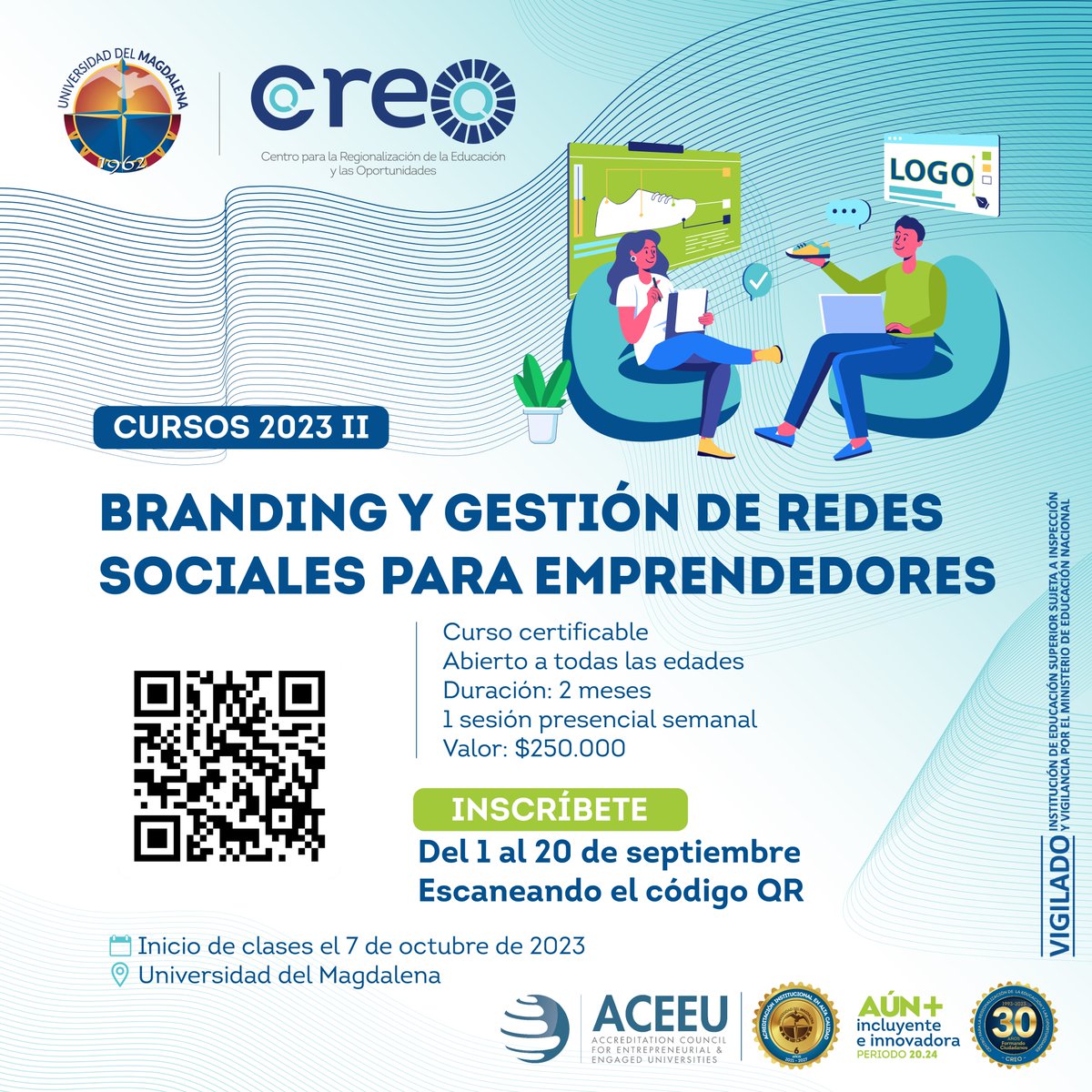 Unimagdalena's tweet photo. 🤳🏽 ¡Aprende a gestionar tus redes sociales empresariales y emprende con éxito! 

Aprovecha el curso certificable que traemos desde el @CreoUnimag ✅.  

Inscríbete hasta el 20 de septiembre 🔗 https://t.co/miMrTgA9BD    
#CursosUM https://t.co/TEHzfL1Vu6