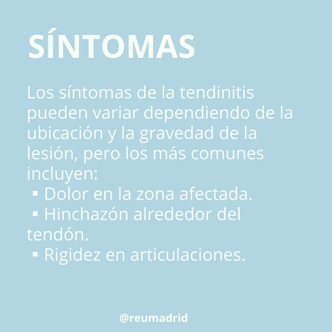 reumadrid's tweet photo. SÍNTOMAS
Los síntomas de la tendinitis pueden variar dependiendo de la ubicación y la gravedad de la lesión, pero los más comunes incluyen:
▪️Dolor en la zona afectada.
▪️Hinchazón alrededor del tendón.
▪️Rigidez en articulaciones. https://t.co/M1mE7nXzeM