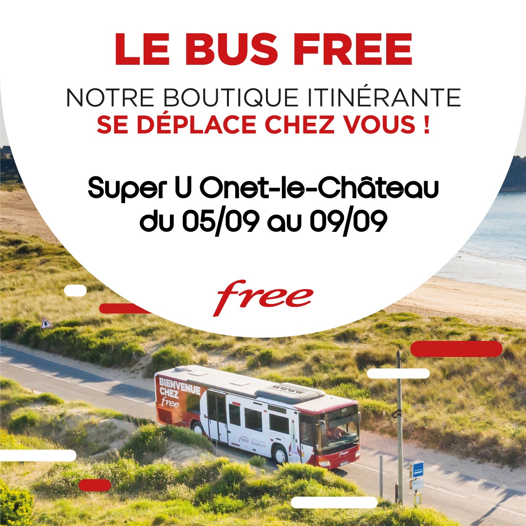 Le bus Free est de retour sur les routes de France 😍  Dès demain, retrouvez notre boutique itinérante au  Super U Onet-le-Château jusqu'au 09/09 📍Nous vous attendons nombreux 🤝
<a href="/ALLianceTHD/">ALLiance Très Haut Débit</a> <a href="/dept_aveyron/">Département de l'Aveyron</a> <a href="/Prefet12/">Préfète de l'Aveyron</a> <a href="/ladepeche12/">La Dépêche Aveyron</a> <a href="/CPAveyron/">CentrePresseAveyron</a> #Fibre #Free #Aveyron