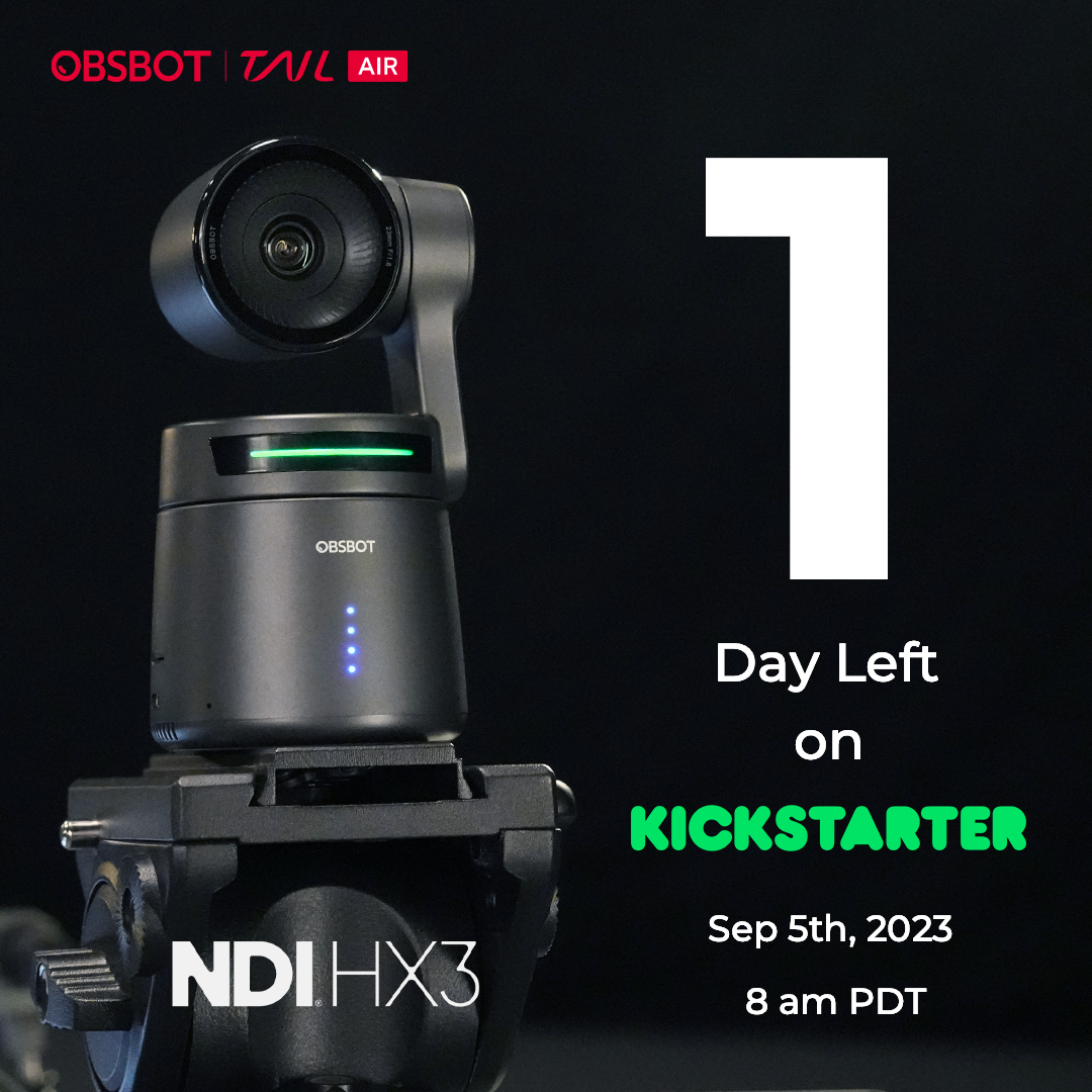 OBSBOT_Official's tweet photo. 📆 Only 1 day left to the crowdfunding of #OBSBOT_TailAIr!
📍 Launching tomorrow at 8AM PDT on Kickstarter.
👉Tune in: https://t.co/KhRFAZLI2k
#OBSBOT #streamingcamera #streamingcam #streamcam #streamers #liveperformance #churchlive #cooklive #contentcreators #crowdfunding https://t.co/WEItEUiSzw