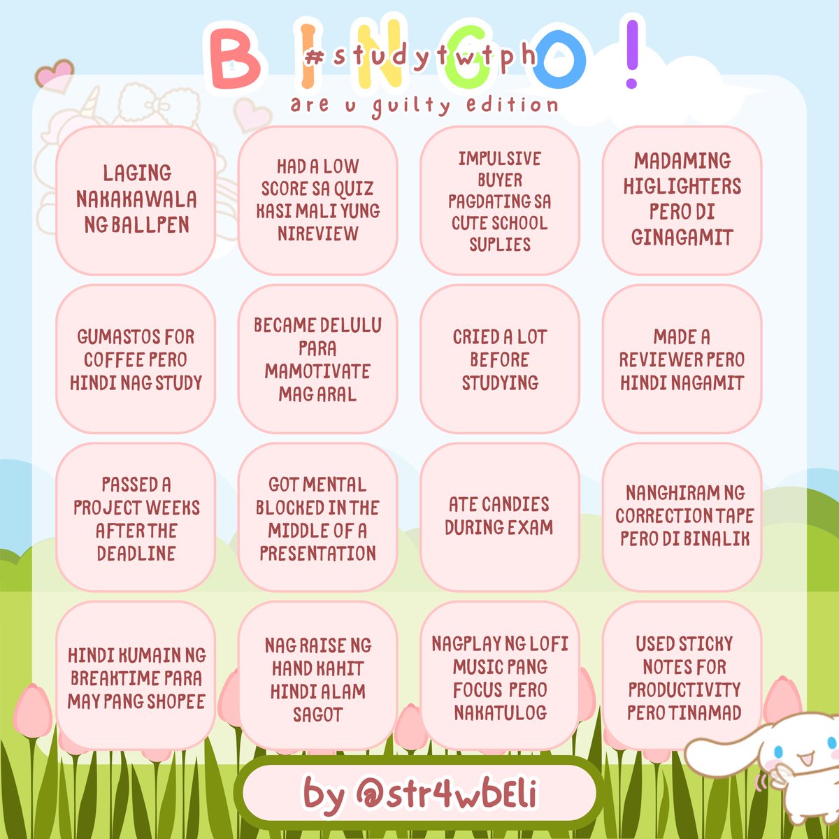 str4wbEli's tweet photo. hi interactive #studytwtph friends! 🫶🏻

• BINGO ALERT! "are u guilty?" edition  expose nyo na sarili nyo HAHAHA. rt to interact! ☁️ https://t.co/7rpCYSwhVH