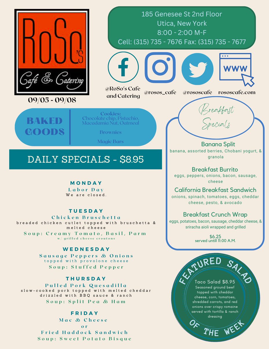 rososcafe's tweet photo. Happy Labor Day! Stop by this week and enjoy one of our Specials! #rososcafe #catering #breakfast #lunch #specials #downtownutica #soups #salads #sandwiches https://t.co/GvYL9NTVef
