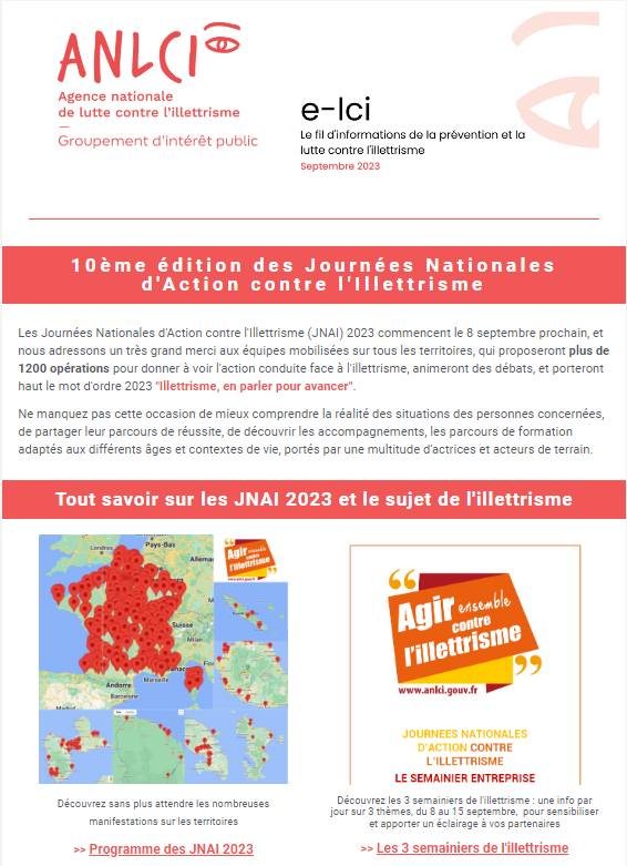 Retrouvez l'actualité de la mobilisation #JNAI2023 à 4 jours du coup d'envoi. Lettre elci Journées Nationales d'Action contre l'Illettrisme  2023autour de cette mobilisation exceptionnelle,  avec plus de 1200 manifestations labellisées à ce jour.
Ici : bit.ly/3PnphE9