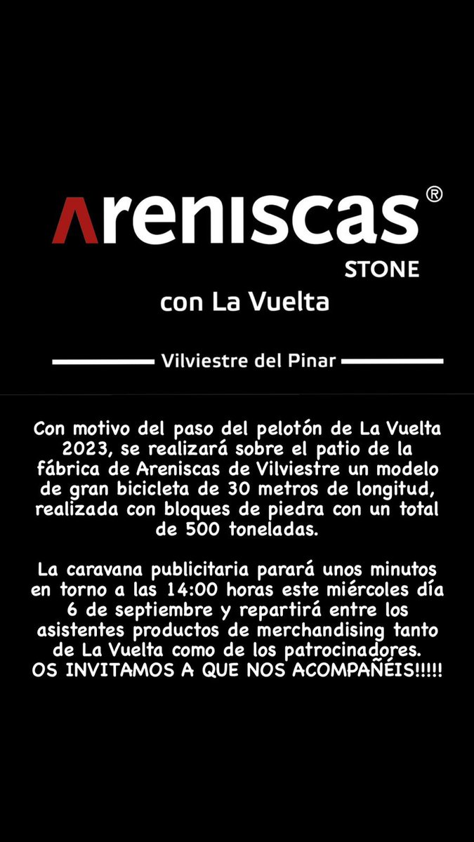ARENISCASstone's tweet image. Ven a acompañarnos! Areniscas Stone con  La Vuelta🚴🚴🚴🚴🚴🚴🚴🚴

#areniscasstone #vueltaaespaña #lavuelta23#vilviestredelpinar #burgos