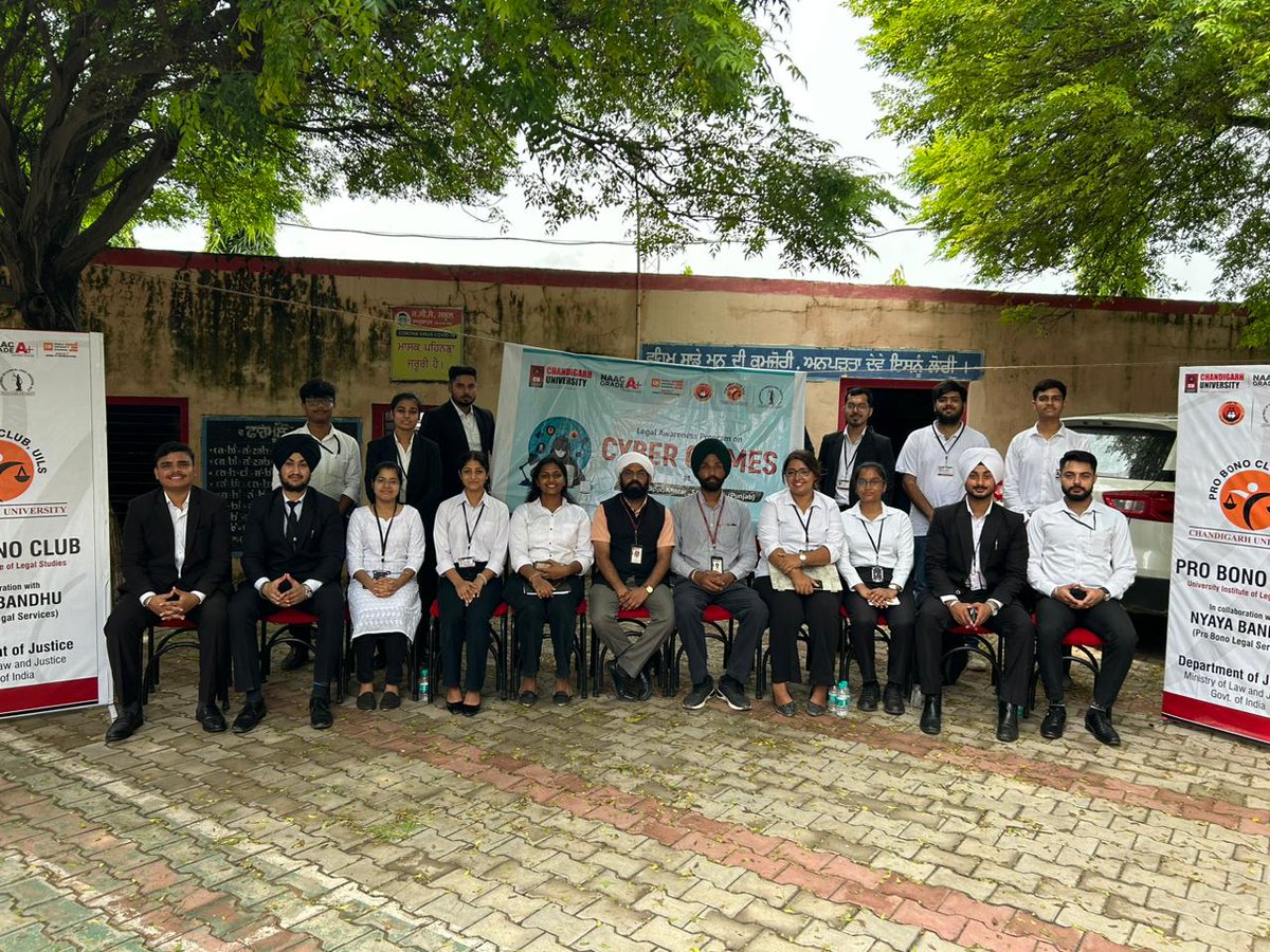 Chandigarh_uni's tweet image. Recently, the Pro Bono Club, University Institute of Legal Studies (#UILS), #ChandigarhUniversity, in collaboration with Nyaya Bandhu Scheme, Department of Justice, Ministry of Law and Justice, Government of India, organized a #LegalAwareness Program on "Cyber Crimes" at Village