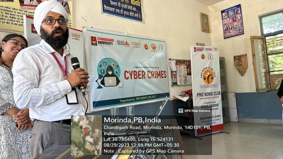 Chandigarh_uni's tweet image. Recently, the Pro Bono Club, University Institute of Legal Studies (#UILS), #ChandigarhUniversity, in collaboration with Nyaya Bandhu Scheme, Department of Justice, Ministry of Law and Justice, Government of India, organized a #LegalAwareness Program on "Cyber Crimes" at Village