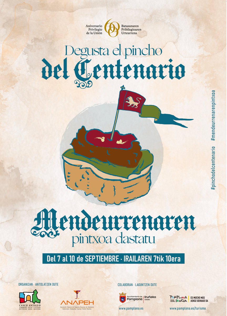 CascoAntiguoPamplona (@cascopamplona) on Twitter photo La 2ª es la actividad gastronómica "Degusta el pincho del Centenario" que desarrollamos junto a <a href="/AnapehTurismo/">ANAPEH, Hostelería Navarra</a> y que cuenta con la colaboración de <a href="/Pamplona_ayto/">Ayuntamiento de Pamplona</a> y <a href="/VisitPamplona/">Pamplona - Iruña Turismo</a> por la que casi una veintena de establecimientos ofrecerán un pincho especial. La 2ª es la actividad gastronómica "Degusta el pincho del Centenario" que desarrollamos junto a <a href="/AnapehTurismo/">ANAPEH, Hostelería Navarra</a> y que cuenta con la colaboración de <a href="/Pamplona_ayto/">Ayuntamiento de Pamplona</a> y <a href="/VisitPamplona/">Pamplona - Iruña Turismo</a> por la que casi una veintena de establecimientos ofrecerán un pincho especial.