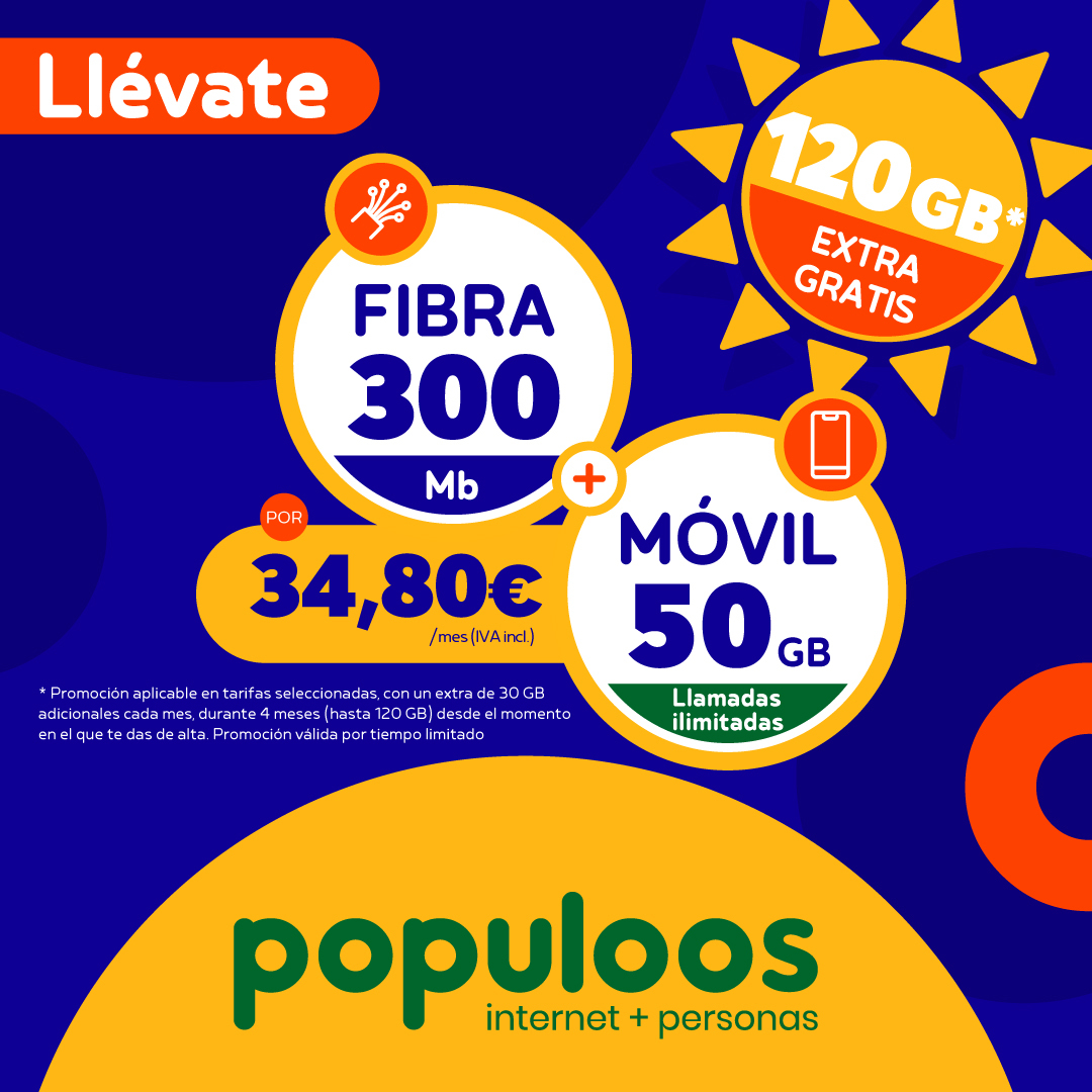 populoos's tweet photo. El maridaje perfecto para un buen vino es...¡Un ofertón como este! Fibra 300Mb + 50GB + llamadas ilimitadas y 120GB EXTRA* GRATIS a 34,80€. Vecinos de la uva… ¡Felices fiestas de la vendimia! #populoos #extragb #gbgratis #vendimia #fiestasdelavendimia https://t.co/NwbYqqqyis