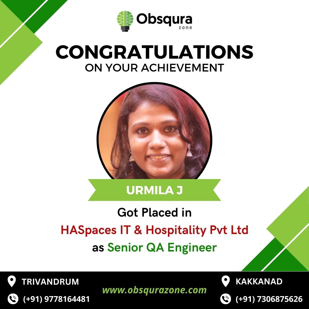 ObsquraZ's tweet photo. ๐Congrats, Urmila for your new Career as Senior QA Engineer - HASpaces IT & Hospitality Pvt Ltd
๐ฒFor more info please contact:
๐Trivandrum Call/WhatsApp : (+91) 9778164481
๐Kakkanad Call/WhatsApp : (+91) 7306875626
#Placement #Congrats #softwaretestingtraining #ObsquraZone https://t.co/2s4gNas3wW