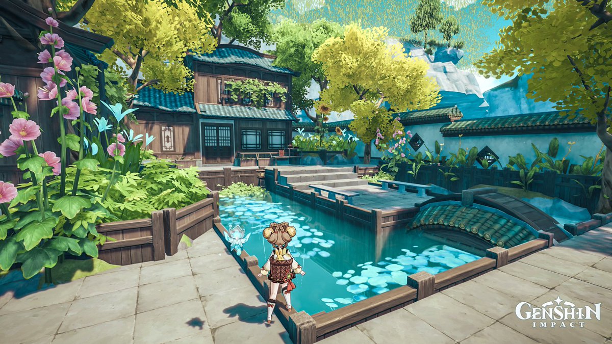 Genshin_Asriel's tweet photo. So I remade my little Liyue house abit.
Adding a small bridge this time.
So build may seem emptier than the last one cuz I was trying to make this build stay green-load.
#GenshinImpact            
#原神            
#sereniteapot
#原神写真部
#原神ハウジング https://t.co/aPE32TyB5K