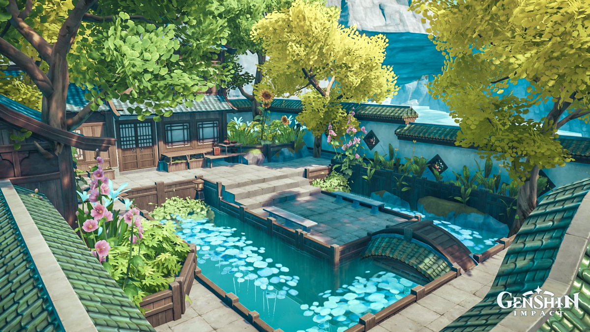 Genshin_Asriel's tweet photo. So I remade my little Liyue house abit.
Adding a small bridge this time.
So build may seem emptier than the last one cuz I was trying to make this build stay green-load.
#GenshinImpact            
#原神            
#sereniteapot
#原神写真部
#原神ハウジング https://t.co/aPE32TyB5K