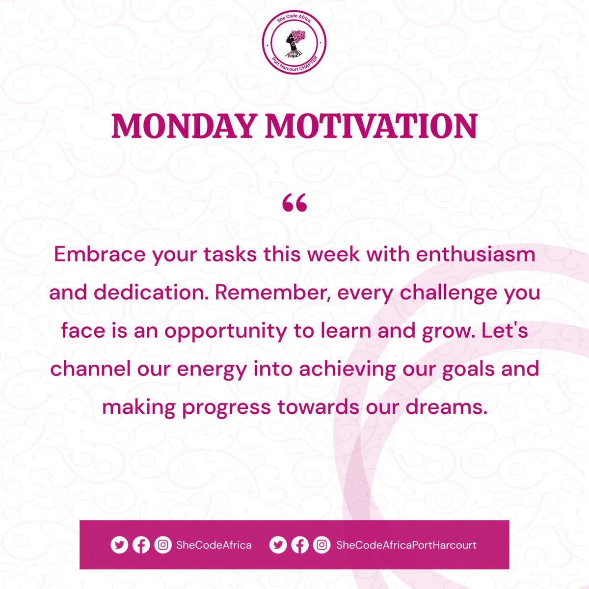 SCAportharcourt's tweet photo. It's a new week!!!

Let's set out new goals for the week or revisit old goals and accomplish them. 

Every challenge should motivate you to do better and be better, grow and learn.

#mondaymotivation #scaph https://t.co/UVAHG9tS7Y