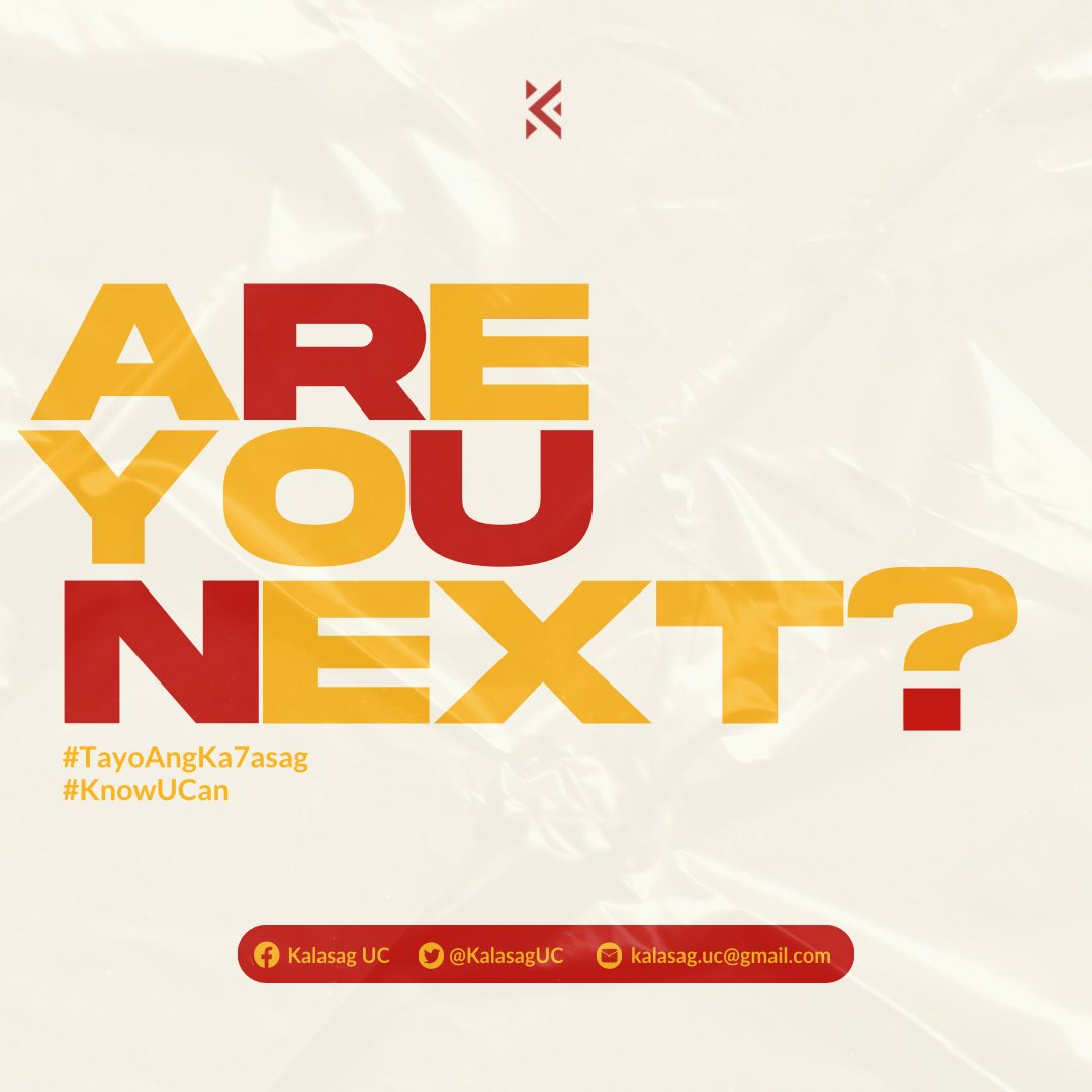 KalasagUC's tweet photo. It's the time of the year!
Paparating na ang election season! This year, celebrating its 7th year anniversary, Kalasag is here with the series: #KnowUCan a primer discussing the different experiences of students within UC.
#TayoAngKa7sag
#KnowUCan https://t.co/QAXijpJeSm