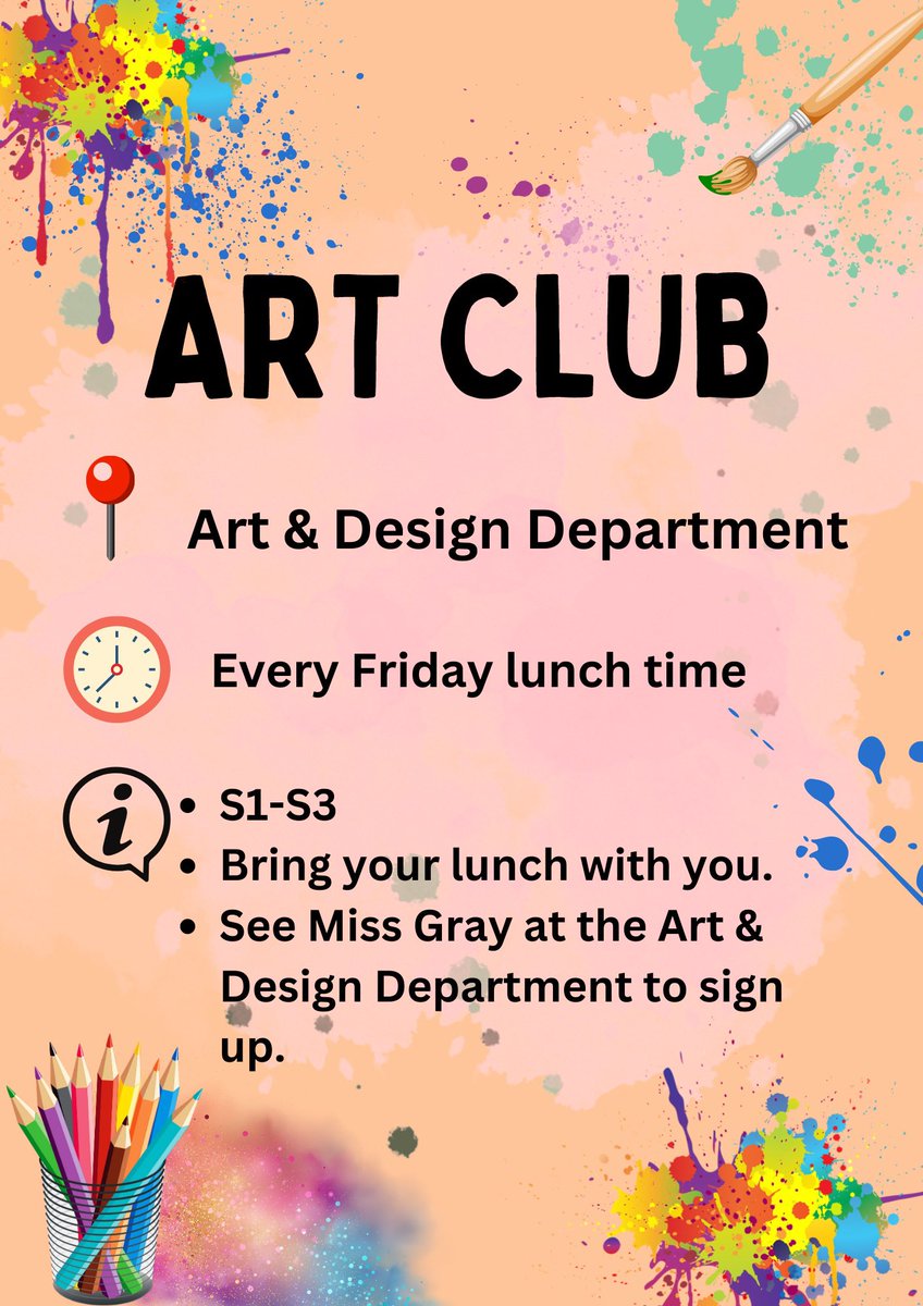 A reminder that Art Club will take place every Friday lunch time, for S1-S3. We had a great turn out last Friday and still have some spaces left! Sign up with Miss Gray to be part of the fun! 😊 👨🏻‍🎨🎨🖼️ <a href="/morganacademy1/">Morgan Academy</a> <a href="/MorganartDD/">Morgan Art</a>