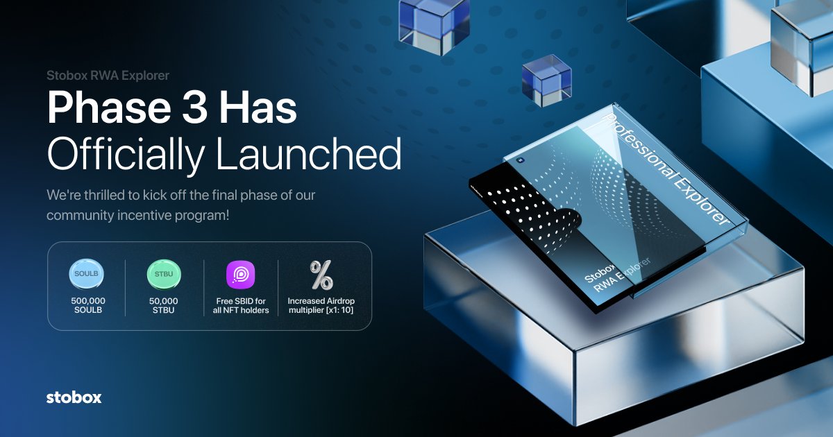 StoboxCompany's tweet photo. #StoboxRWAExplorer Phase 3 is Now Live!

We're excited to start the final phase of our community incentive program designed to increase awareness of #tokenization and #RWA.

Join &amp; share a total rewards pool of 50,000 $STBU + 500,000 $SOULB tokens!

🚀 https://t.co/ACbaCCIpKw https://t.co/BmeQhosoVF