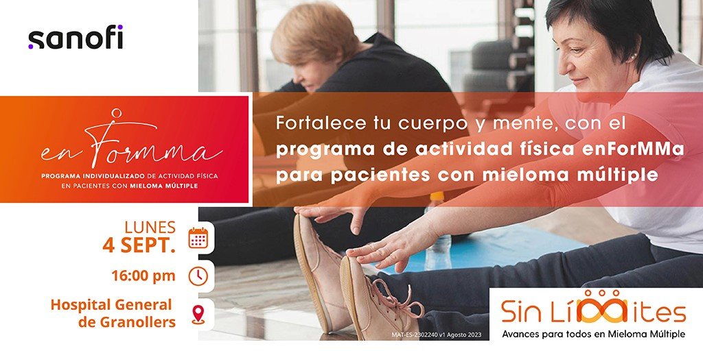 SanofiES's tweet photo. ✋¡Nos vemos en el @hggranollers para realizar una sesión especial de #EnforMMa!
Es el programa de ejercicio para personas con #MielomaMúltiple que impulsamos con @AEAL_, la @Cemmp_mieloma y la @sehh_es.
#SanofiEsOncología #DíaMundialMielomaMúltiple #BloodCancerAwarenessMonth https://t.co/hJPfNnndJ3