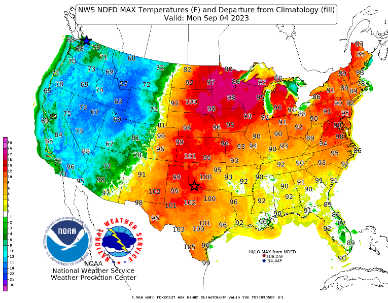 NWS's tweet photo. A look at the Labor Day forecast and it's going to be a hot one. Well above normal and very hot high temperatures are expected across the Eastern two-thirds of the U.S. with numerous daily record highs possible from the Upper Mississippi Valley to the Mid-Atlantic. Stay cool! https://t.co/1x43h33WIY