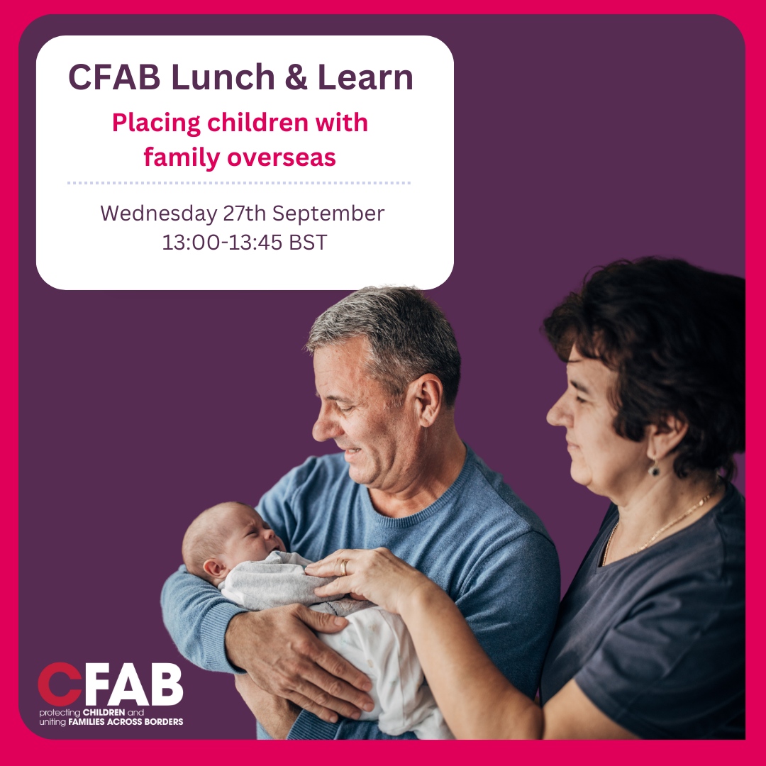 We're delighted to announce that we will be holding our next free Lunch &amp; Learn session on 27th September this time focusing on placing children with family overseas. Once again, the session will be led by our Senior Legal Adviser. Sign up here: eventbrite.co.uk/e/cfab-lunch-l…