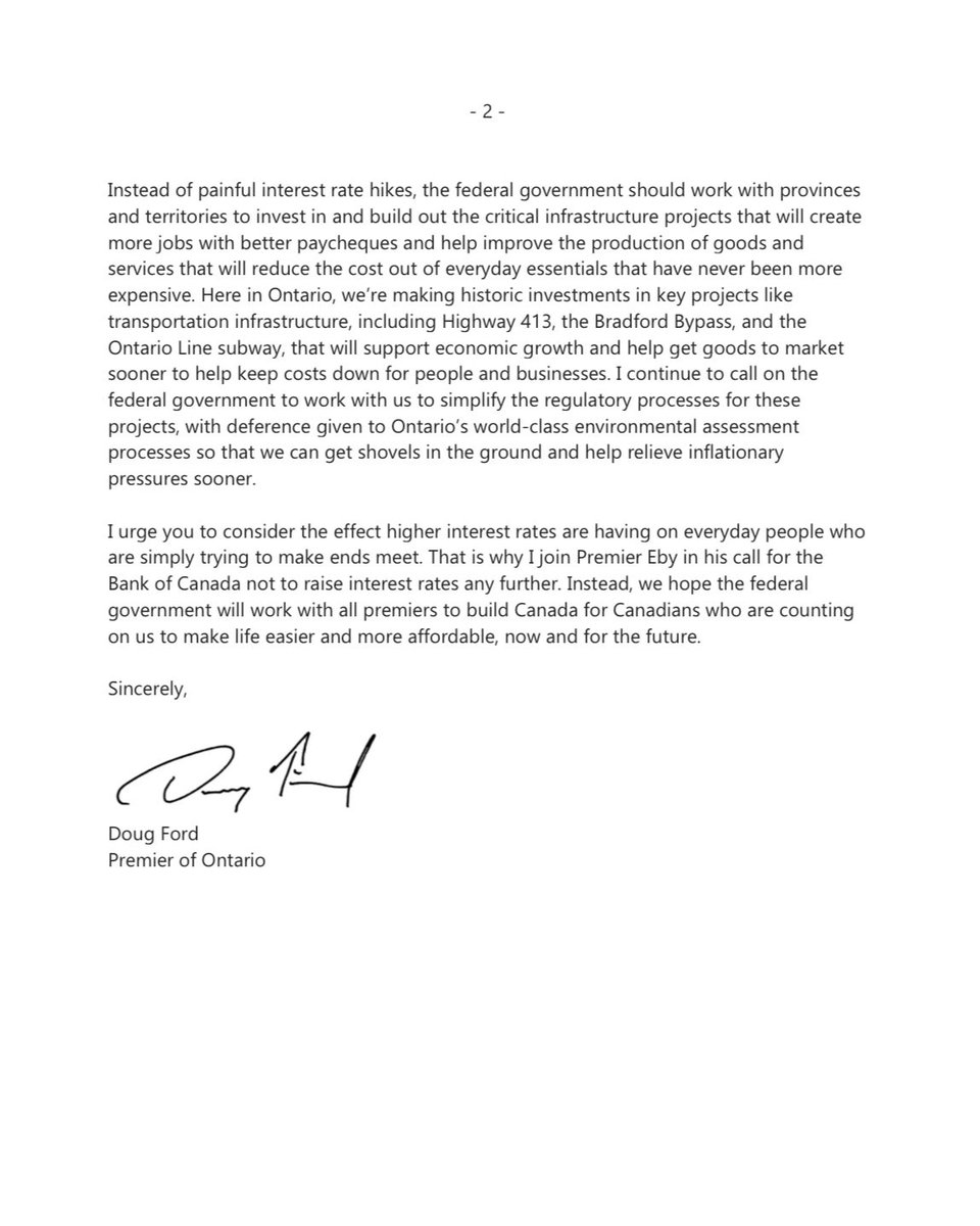fordnation's tweet photo. Yesterday, I wrote to the Governor of the Bank of Canada echoing Premier @Dave_Eby’s call to stop raising interest rates. Ontario families and businesses are struggling to make ends meet and cannot afford the crushing costs brought about by repeated interest rate hikes. https://t.co/cdVE9IQzmH