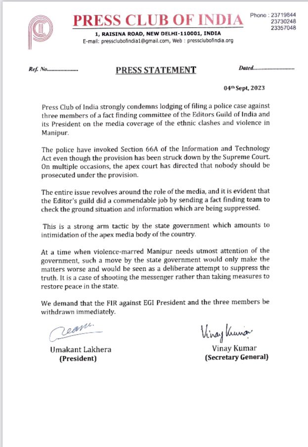 PCITweets's tweet photo. Press Club of India strongly condemns lodging of a police case against 3 members of a fact-finding committee of the Editors Guild of India and its president on the media coverage of the ethnic clash and violence in Manipur. https://t.co/s4ZdokGOXo