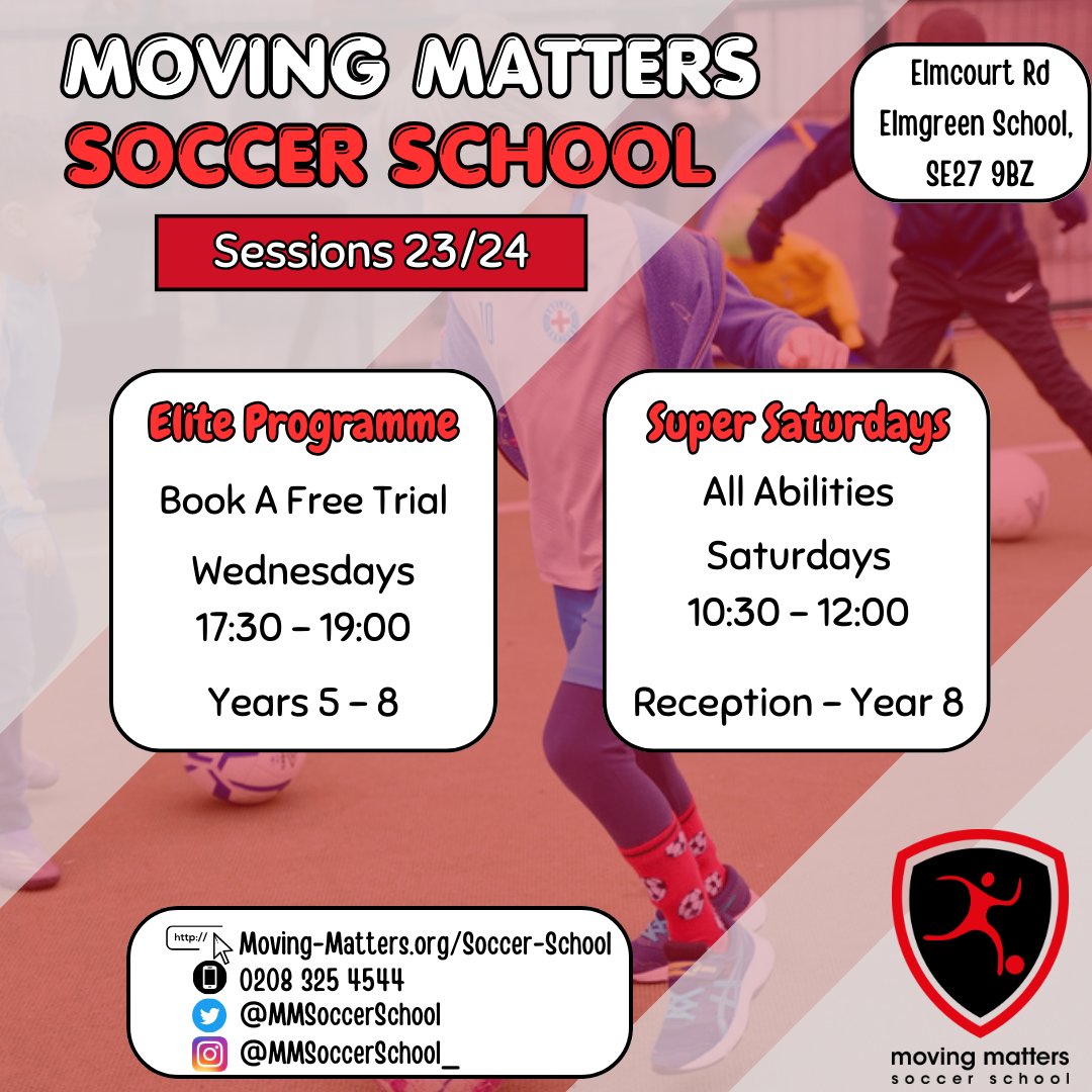 Moving_Matters's tweet photo. Moving Matters Soccer School 🚨 ⚽

Our Soccer School sessions are live for the 23/24 season
The Elmgreen pitch has been redone and we are ready to kick on with a new-look MMSS this year.

First Session Free using code: FREE23

Book Here: https://t.co/oXHd3NX6nw https://t.co/XyPikif4z3