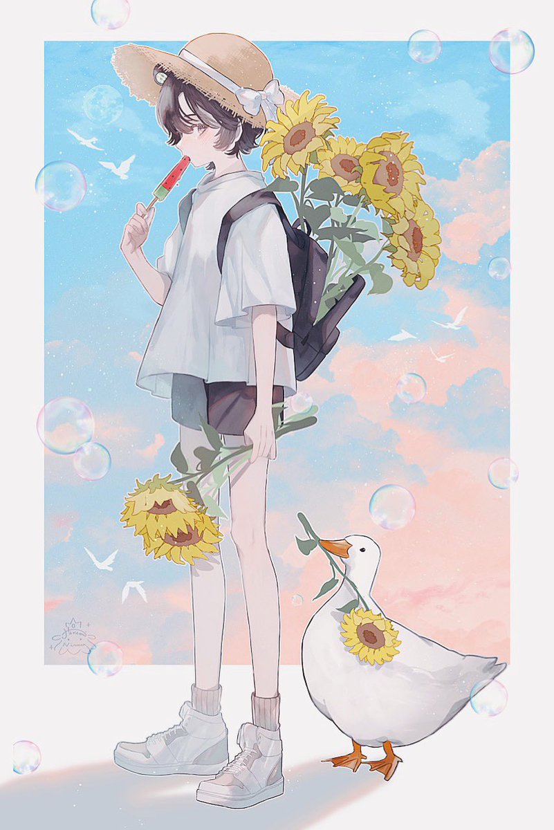 sunflower flower backpack bird hat food shorts  illustration images