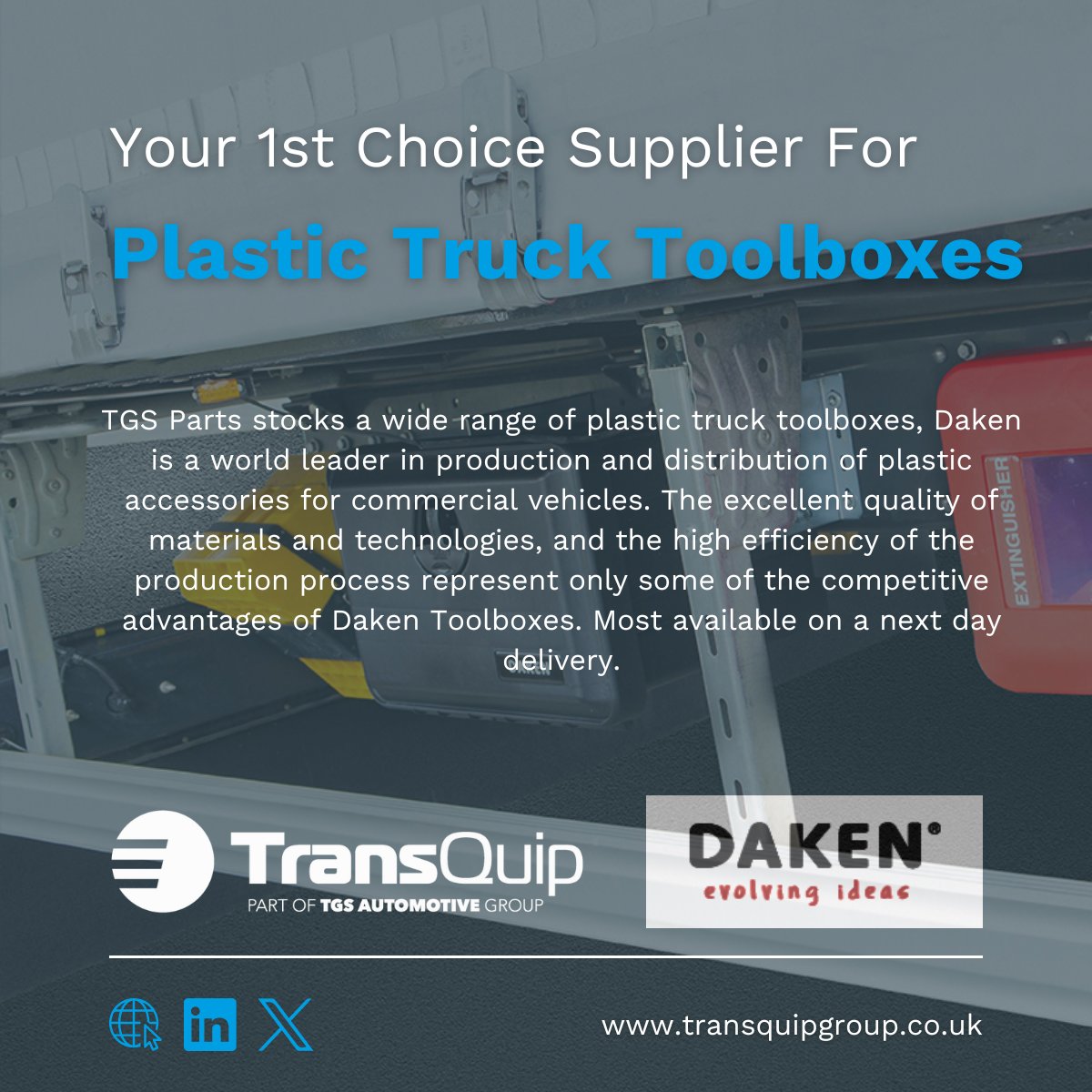 #TransQuip Your 1st choice supplier for the renowned #Daken range of #plastictrucktoolboxes

Large stocks available for next day delivery.

📞 0117 9659965
📧 sales@transquipgroup.com
🖥 transquipgroup.co.uk