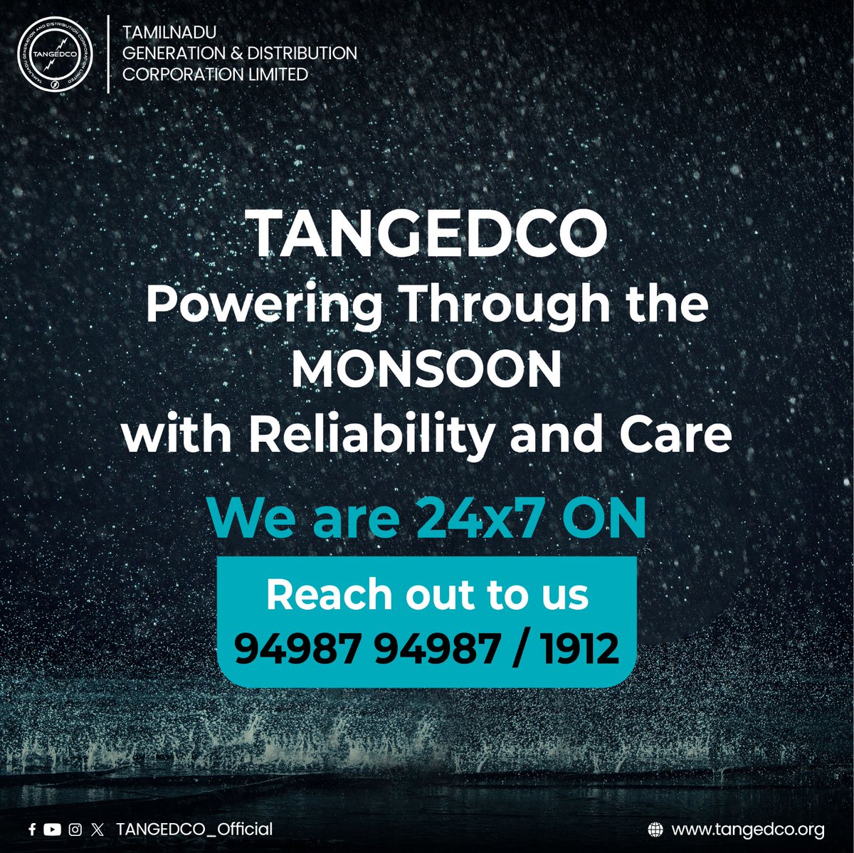 We're ready for the monsoon! TANGEDCO has taken all necessary precautions to ensure a reliable power supply during the rainy season. Stay safe and dry, and reach out to us at 94987 94987 (or) 1912 if you need any assistance. 

Call: +91 94987  94987 

#MonsoonReady #chennairains