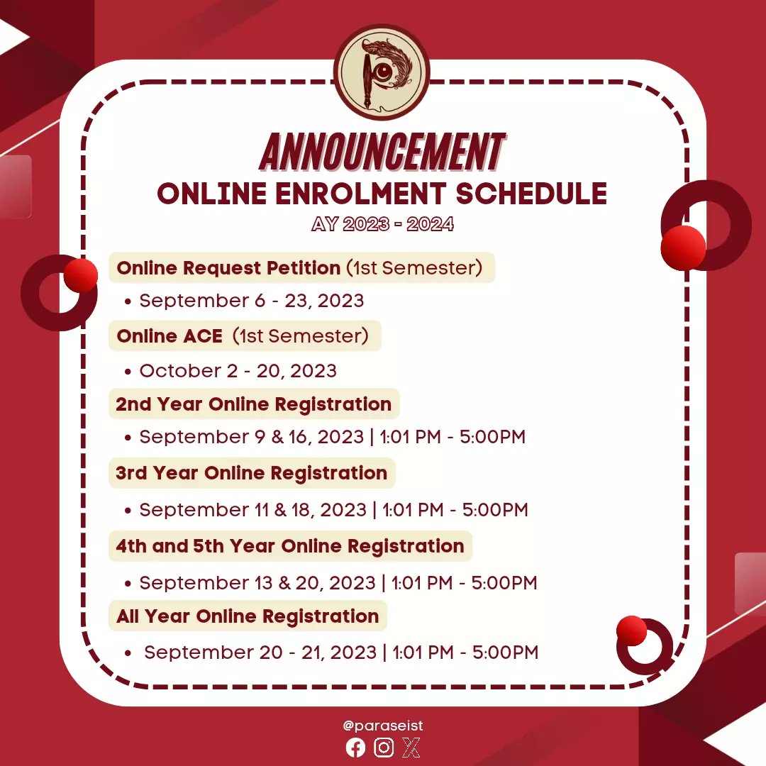 Paraseist's tweet photo. 📣 𝐀𝐍𝐍𝐎𝐔𝐍𝐂𝐄𝐌𝐄𝐍𝐓 | Are you ready, mga Iskolar ng Bayan? ⭐ With the opening of classes just around the corner, keep in mind the schedule of the 𝗢𝗻𝗹𝗶𝗻𝗲 𝗘𝗻𝗿𝗼𝗹𝗺𝗲𝗻𝘁 𝗔𝗰𝘁𝗶𝘃𝗶𝘁𝗶𝗲𝘀 for AY. 2023 - 2024. 

Full article post here: https://t.co/6k4HpI4BT7 https://t.co/dirYAc07aZ