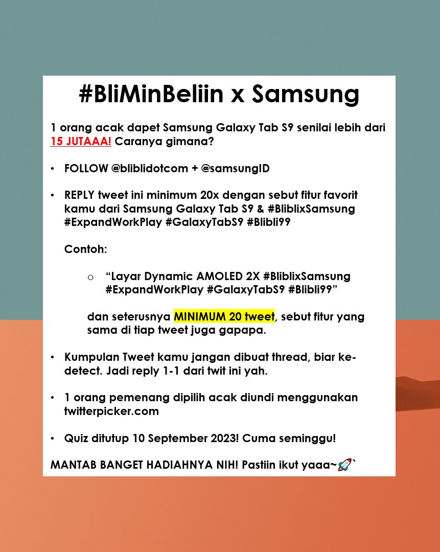 Mau #BliMinBeliin Samsung Galaxy Tab S9 senilai lebih dari 15 JUTAA ✨𝒈𝒓𝒂𝒕𝒊𝒔✨?

Fiturnya:
- Layar Dynamic AMOLED 2x
- Tab &amp; S-Pen dengan IP68 tahan air &amp; debu
- Prosesor Snapdragon 8 Gen 2 for Galaxy

Good luck! 👇

#BliblixSamsung #ExpandWorkPlay #GalaxyTabS9 #Blibli99