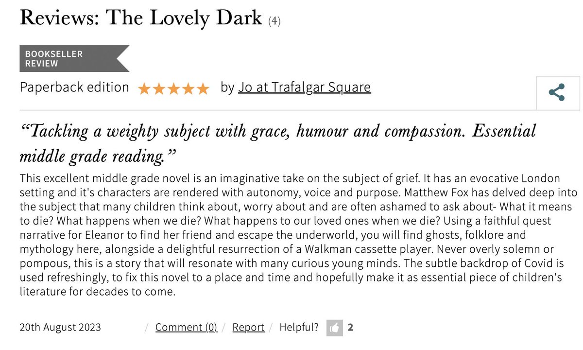 Matthew Fox (@mattfoxwriter) on Twitter photo A ⭐️⭐️⭐️⭐️⭐️ @waterstones bookseller review:
"Essential middle grade reading. This excellent novel is an imaginative take on the subject of grief... Hopefully an essential piece of children's literature for decades to come."
Thank you Jo at <a href="/Waterstones/">Waterstones</a>Traf! <a href="/HachetteKids/">Hachette Children's Group</a> A ⭐️⭐️⭐️⭐️⭐️ @waterstones bookseller review:
"Essential middle grade reading. This excellent novel is an imaginative take on the subject of grief... Hopefully an essential piece of children's literature for decades to come."
Thank you Jo at <a href="/Waterstones/">Waterstones</a>Traf! <a href="/HachetteKids/">Hachette Children's Group</a>